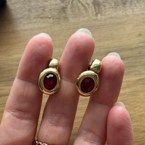 Gold-Tone Drop Earrings with Deep Red Gemstones